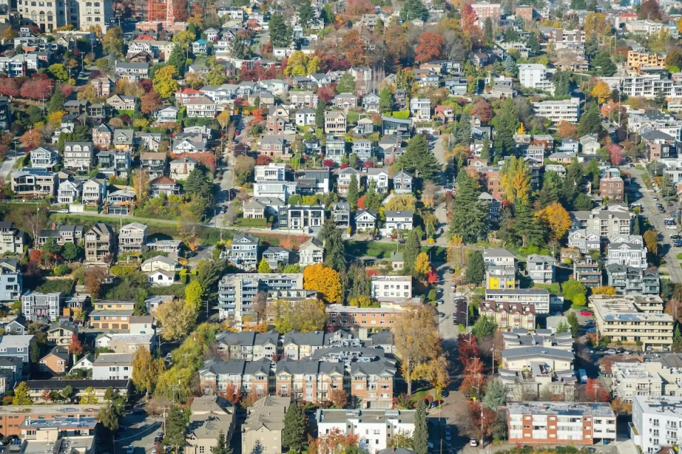Aerial view of Tacoma, Washington residential neighborhood with mature trees.